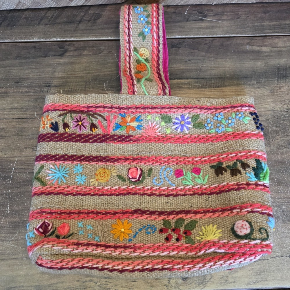 Colorful Jute Burlap Bag Yarn Embroidery Boho Flowers Corduroy Lined Pocket